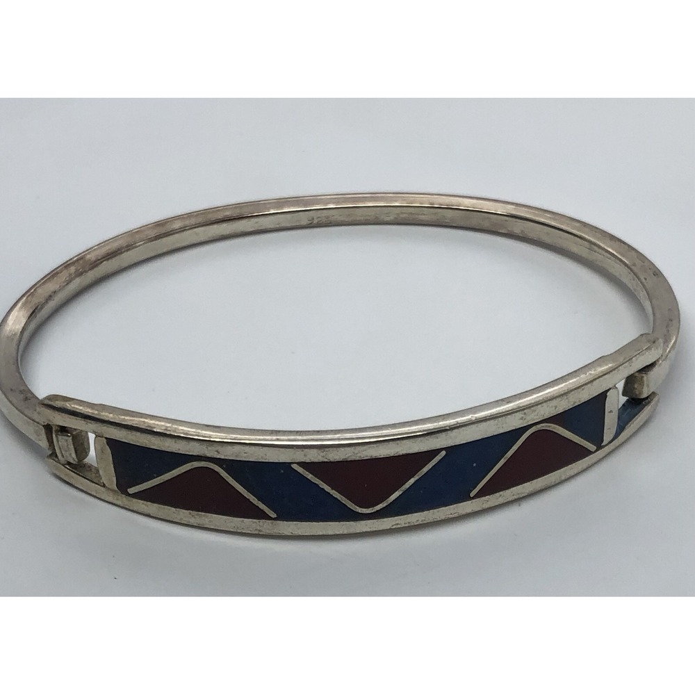 Vintage Mexican Silver Bangle Bracelet .925 Hinged Blue Red Inlaid‎ Solid 6.25"